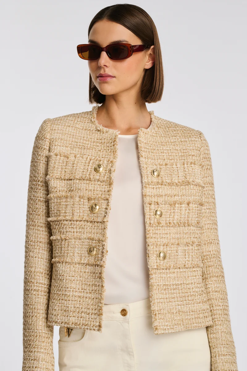 Veste officier en tweed frangée