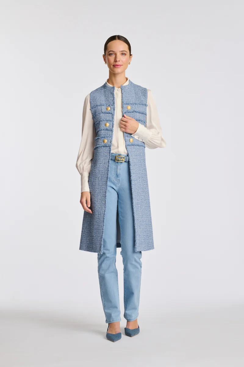Veste longue officier en tweed frangée