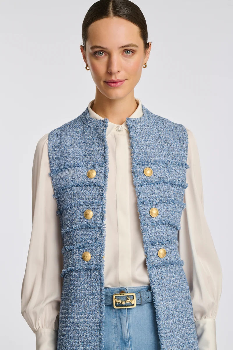 Veste longue officier en tweed frangée