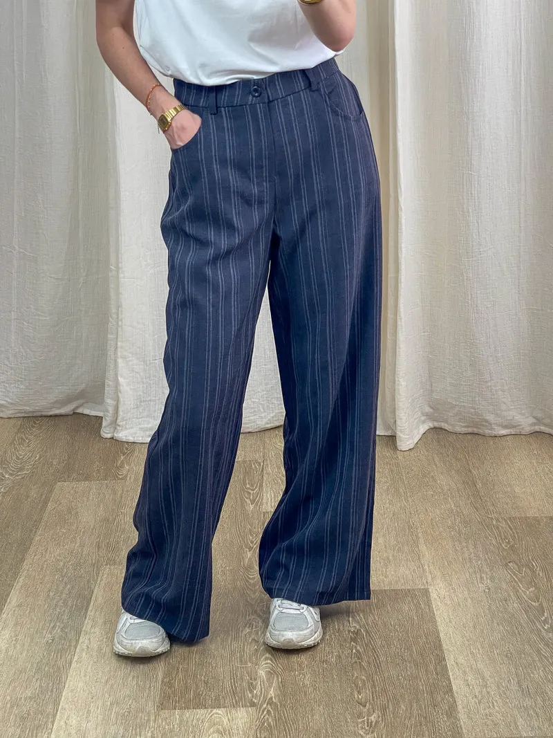 Pantalon Sally - Pantalon large rayé bleu marine style tailleur