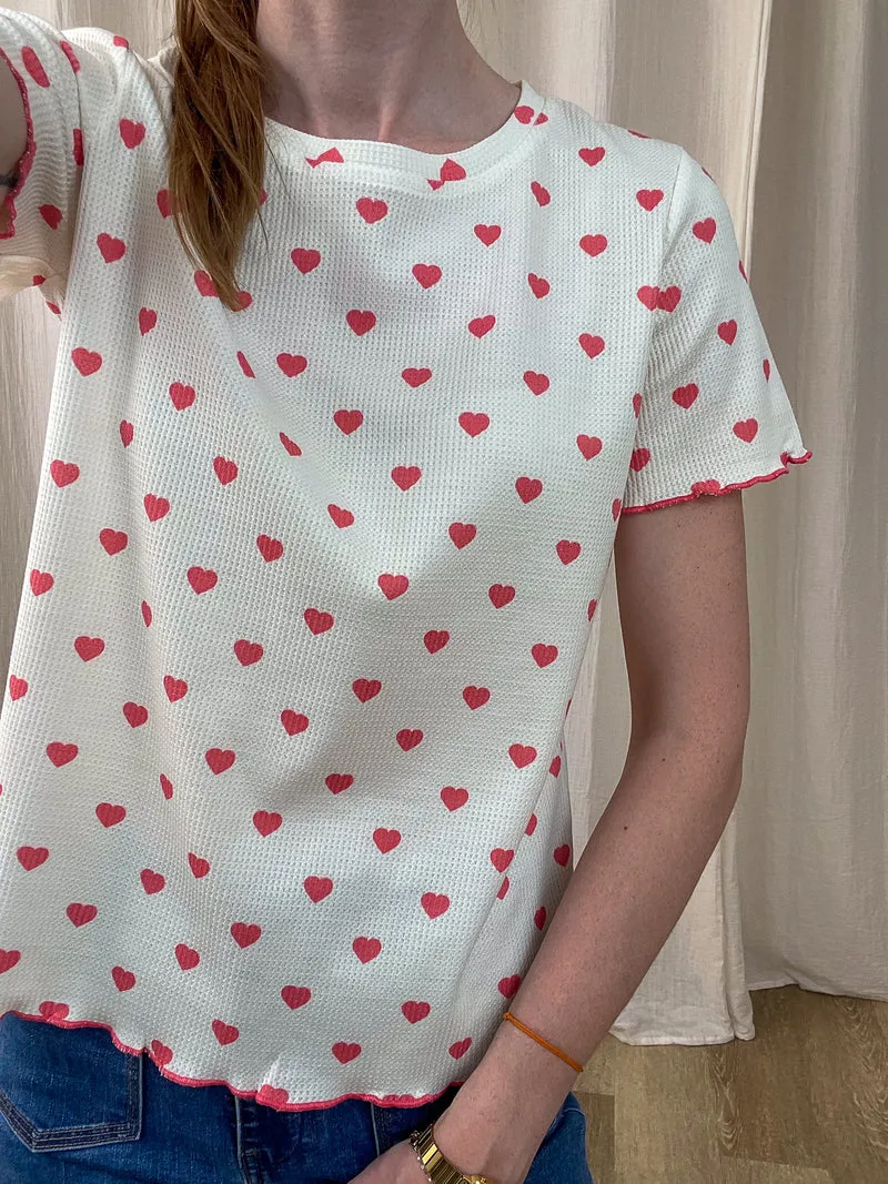 T-shirt multi coeurs - Top blanc imprimé coeurs bleus