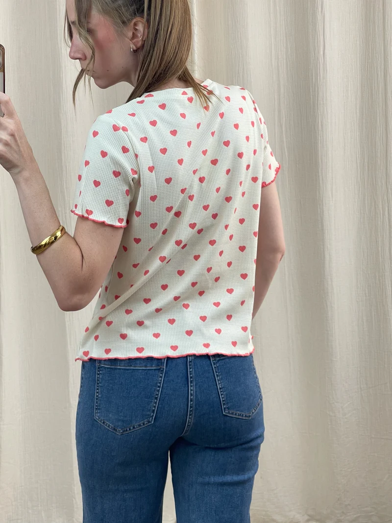 T-shirt multi coeurs - Top blanc imprimé coeurs bleus