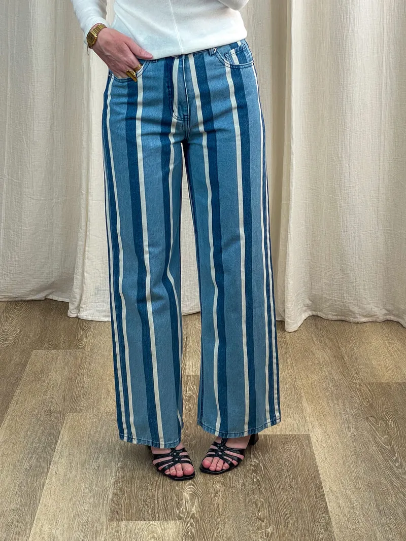 Jean Ellie - Jean large rayé bleu et blanc taille haute