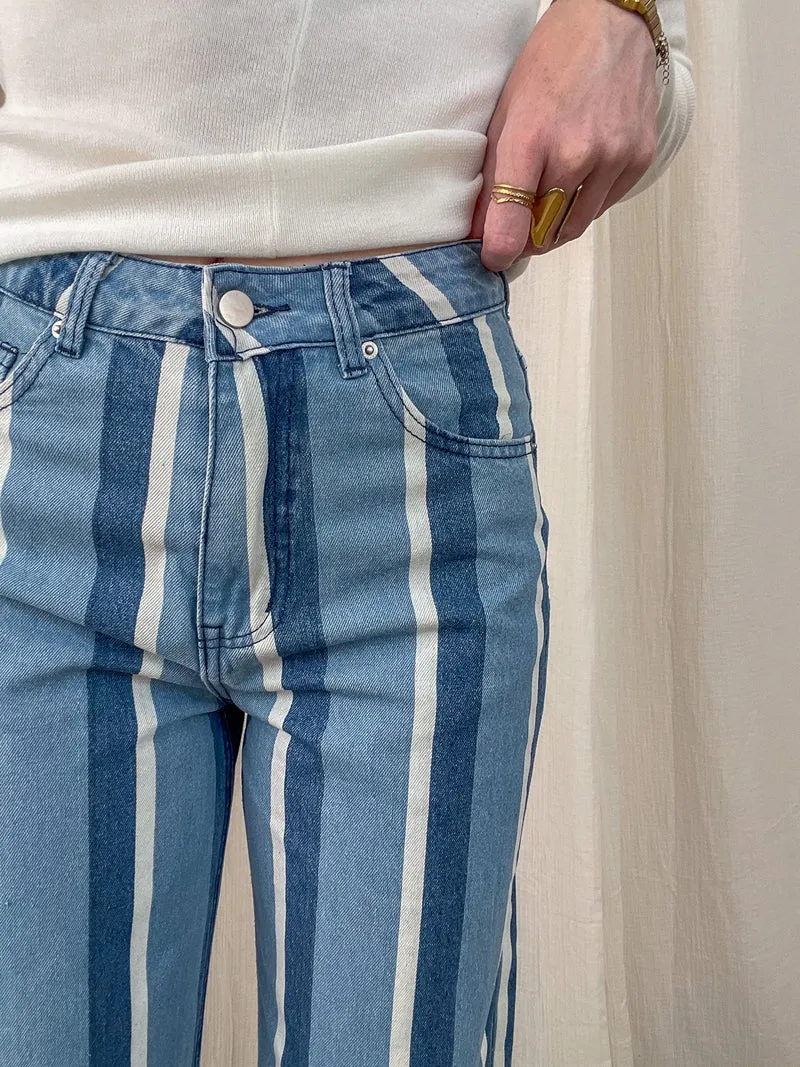 Jean Ellie - Jean large rayé bleu et blanc taille haute