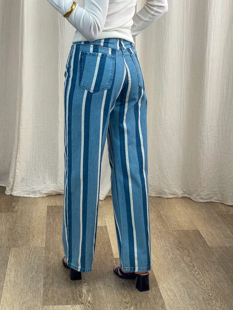 Jean Ellie - Jean large rayé bleu et blanc taille haute