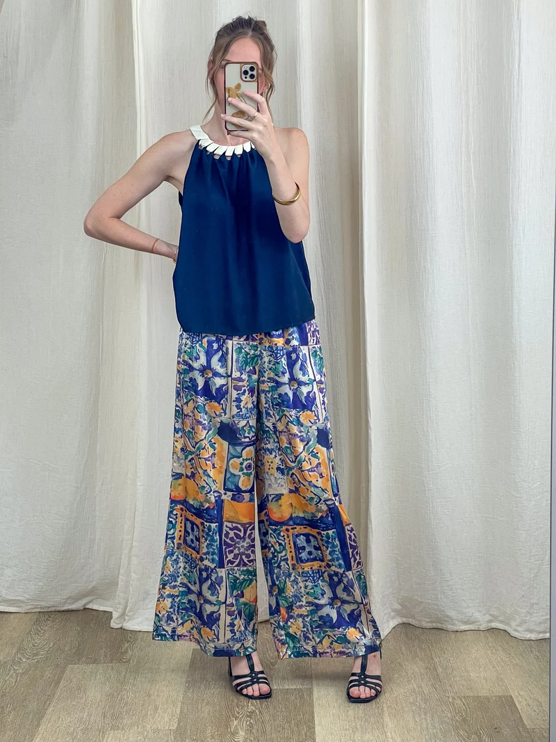Pantalon Églantine - Pantalon large fluide imprimé azulejos