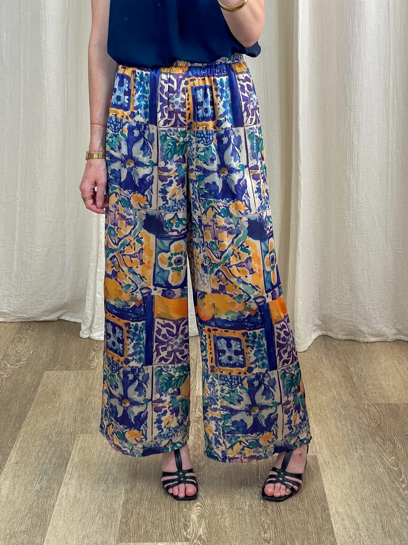 Pantalon Églantine - Pantalon large fluide imprimé azulejos