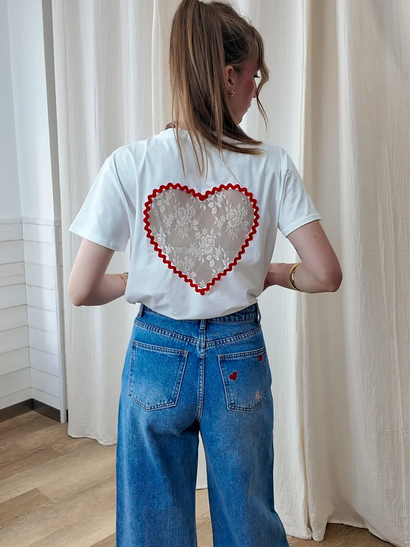 T-shirt coeur - T-shirt blanc dos coeur ouvert dentelle romantique