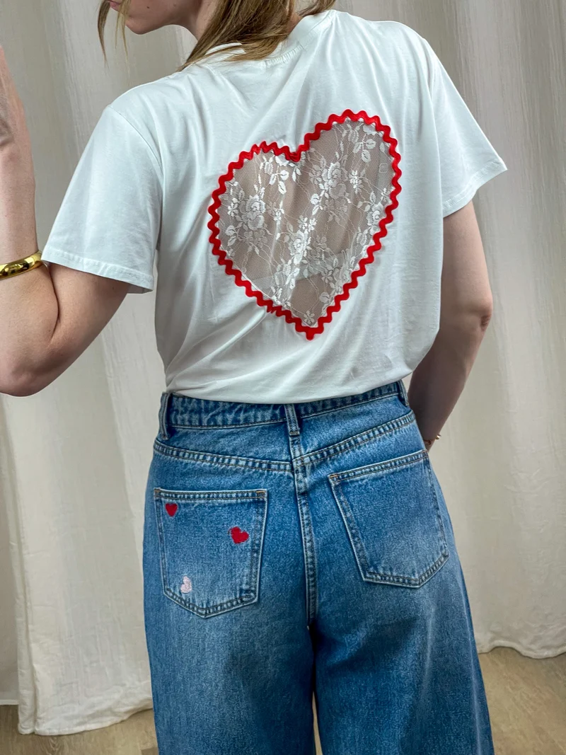 T-shirt coeur - T-shirt blanc dos coeur ouvert dentelle romantique