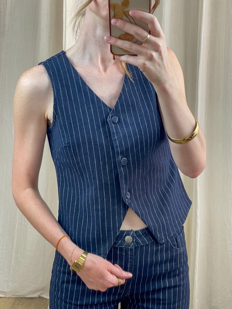 Gilet Tom - Gilet Oraije sans manches bleu marine rayé style tailleur