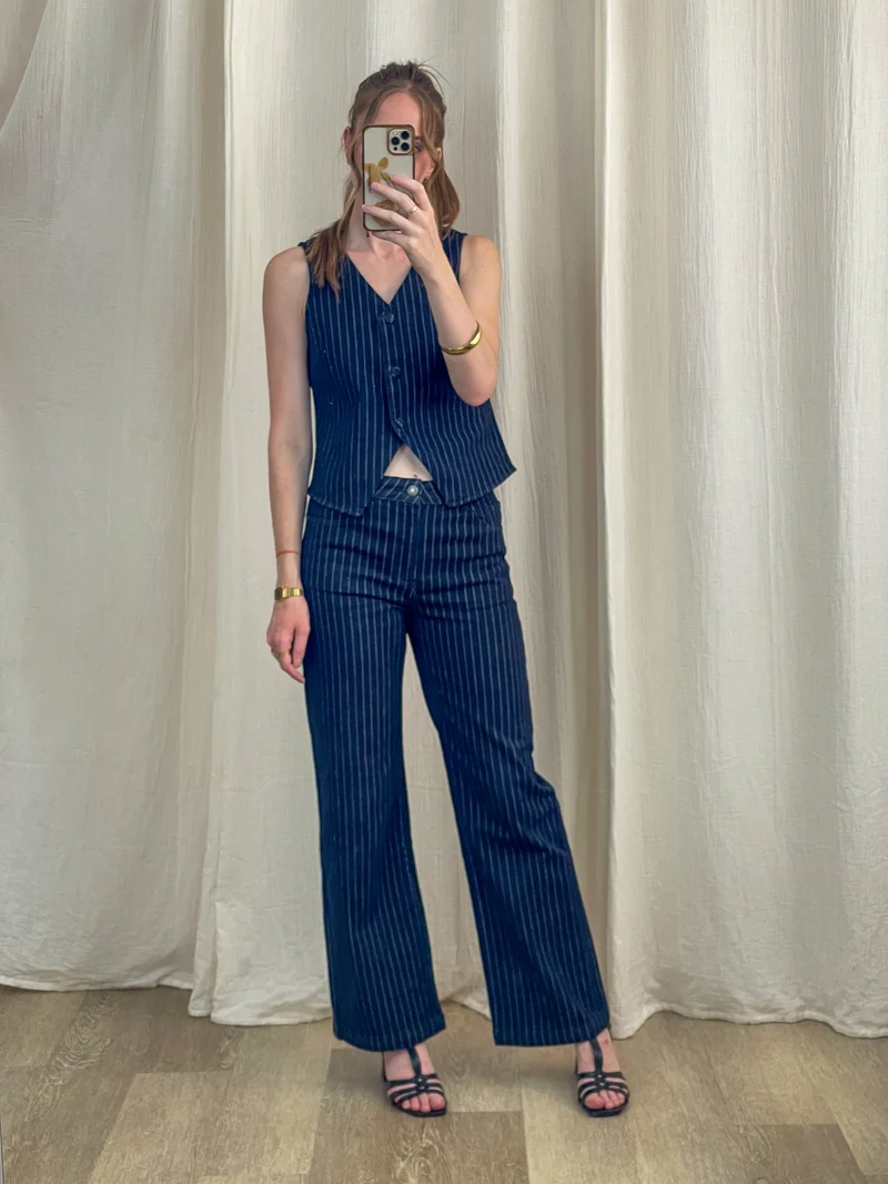 Gilet Tom - Gilet Oraije sans manches bleu marine rayé style tailleur