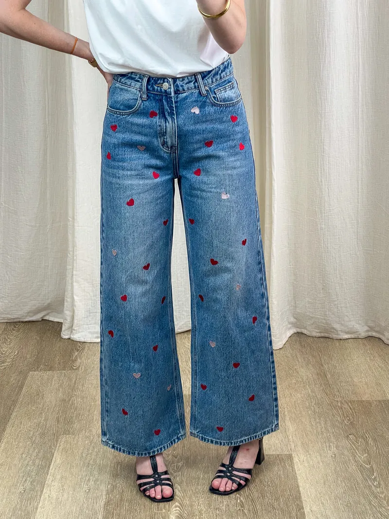 Jean Dixie - Jean large taille haute brodé coeurs rouge et rose