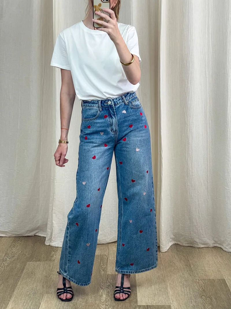 Jean Dixie - Jean large taille haute brodé coeurs rouge et rose