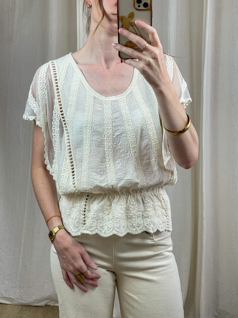 Top Khaleesi - Blouse bohème brodée écru avec dentelle