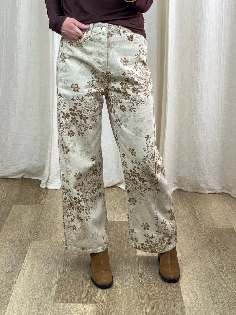 Pantalon Ingrid - Pantalon large fleuri beige et marron