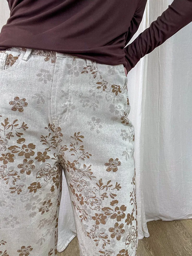 Pantalon Ingrid - Pantalon large fleuri beige et marron