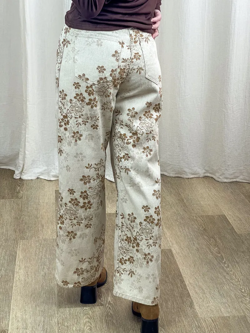Pantalon Ingrid - Pantalon large fleuri beige et marron
