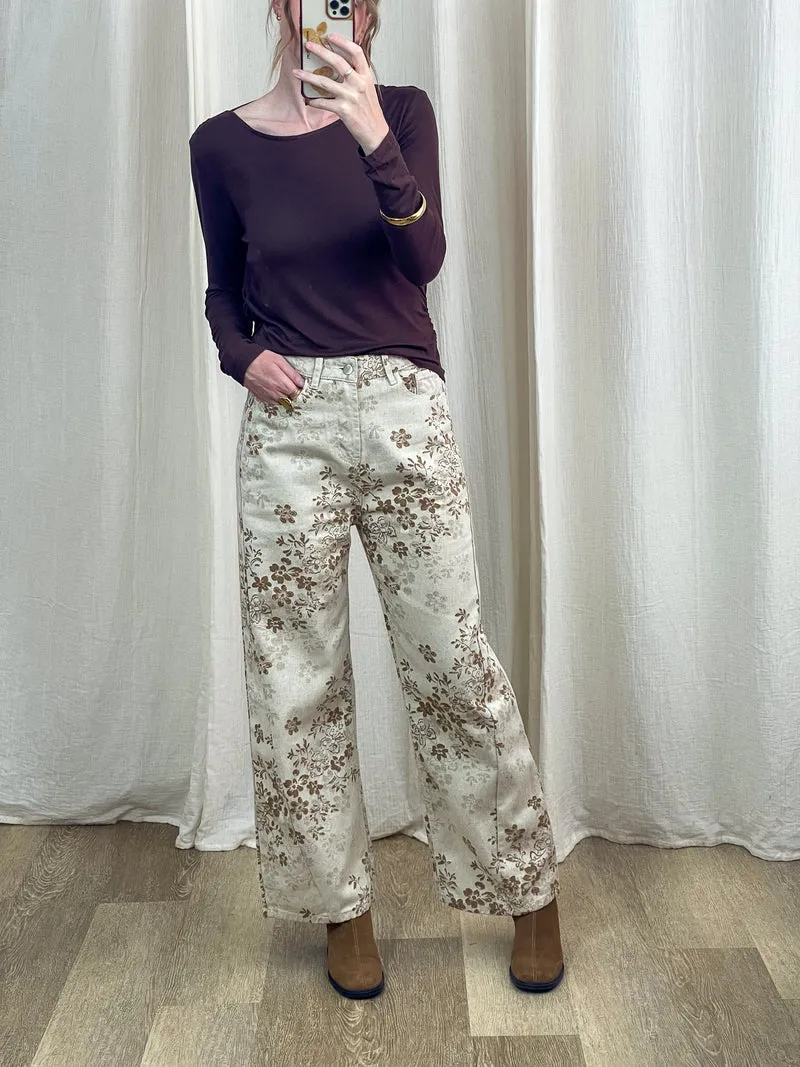 Pantalon Ingrid - Pantalon large fleuri beige et marron