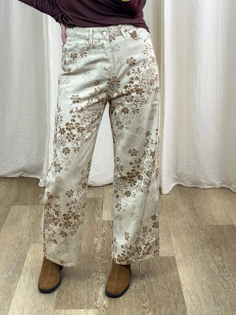 Pantalon Ingrid - Pantalon large fleuri beige et marron