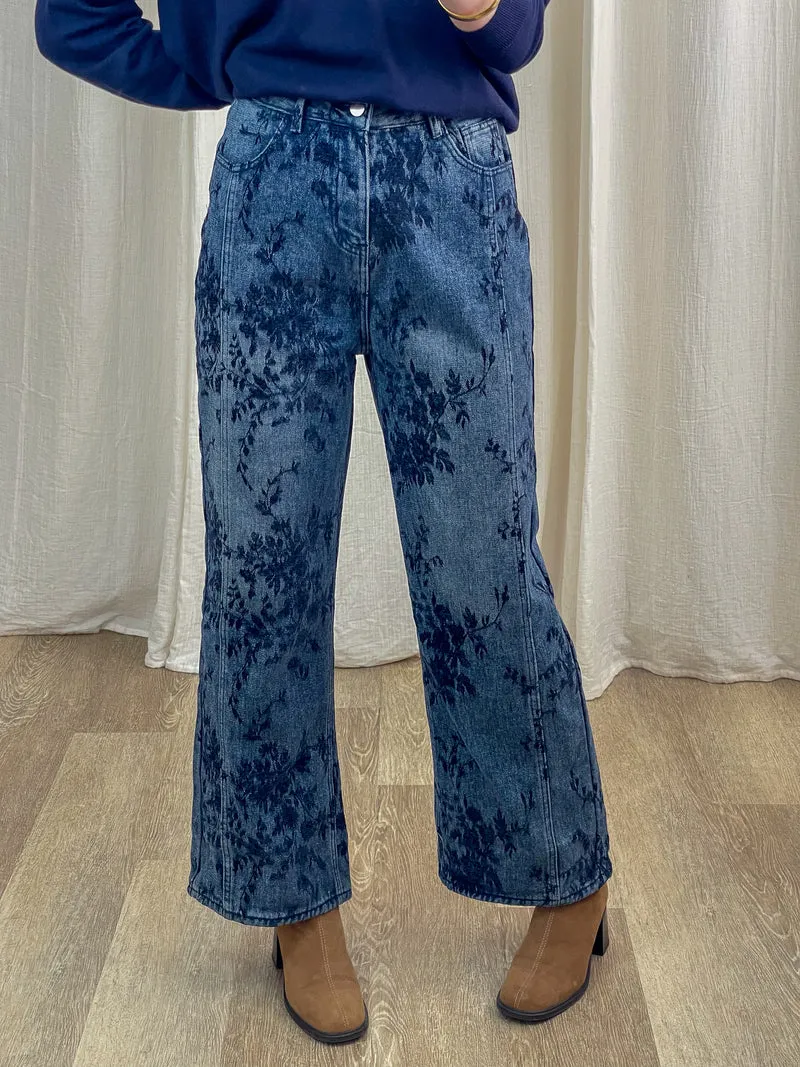 Pantalon Jazlyn - Jean large motif floral bleu