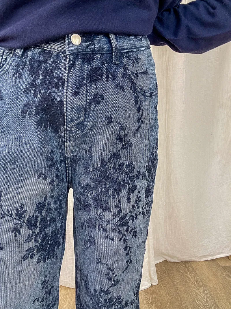Pantalon Jazlyn - Jean large motif floral bleu