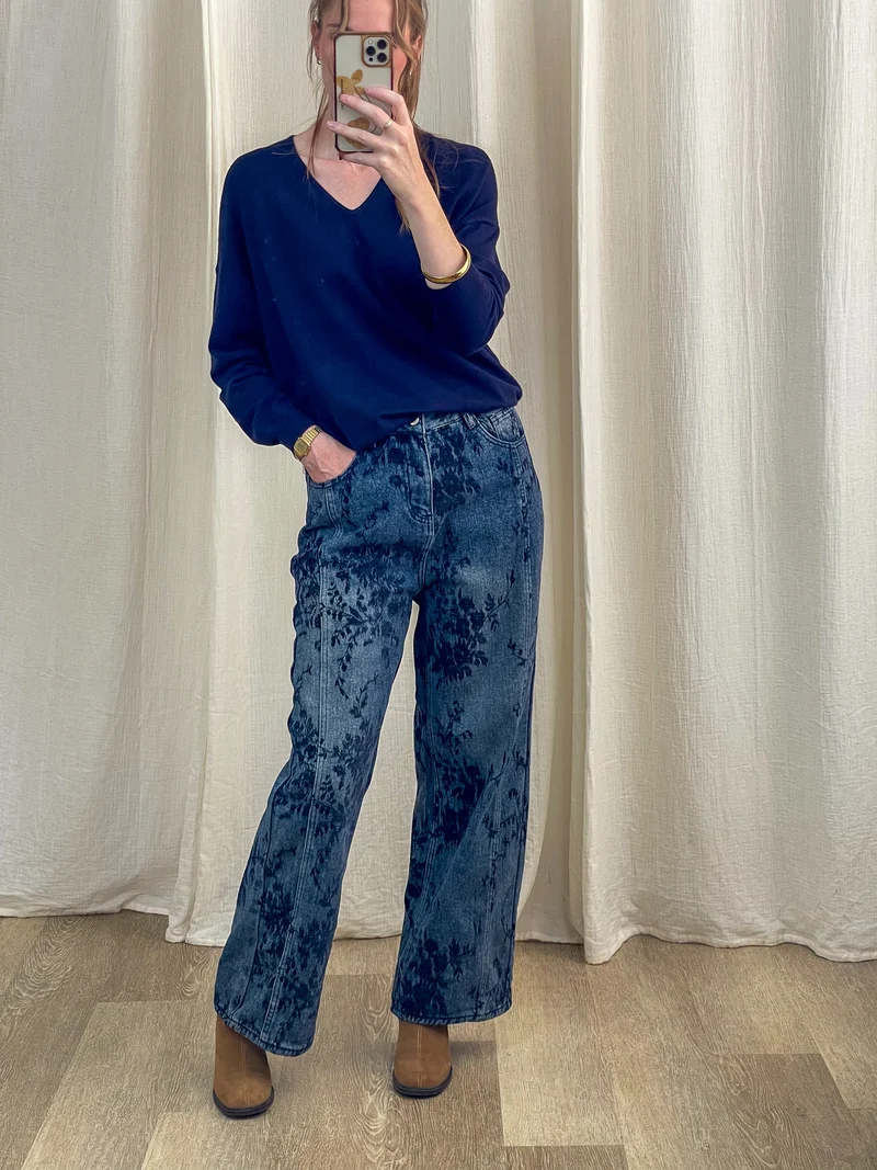 Pantalon Jazlyn - Jean large motif floral bleu