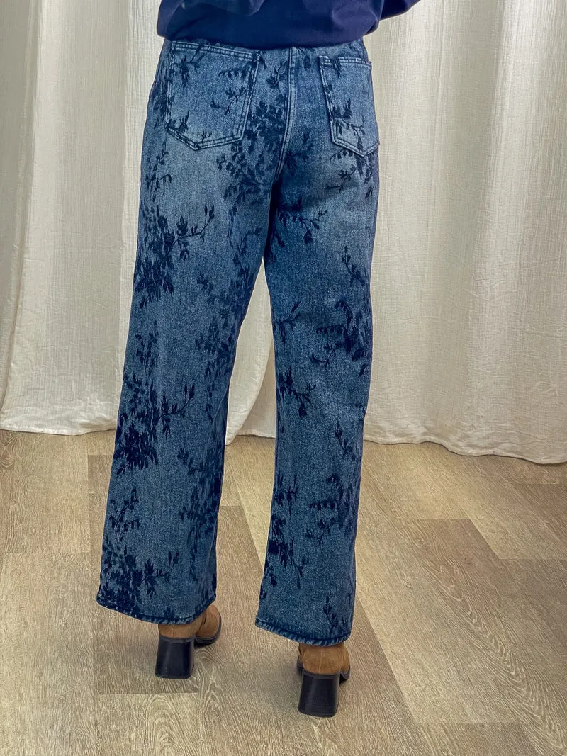 Pantalon Jazlyn - Jean large motif floral bleu