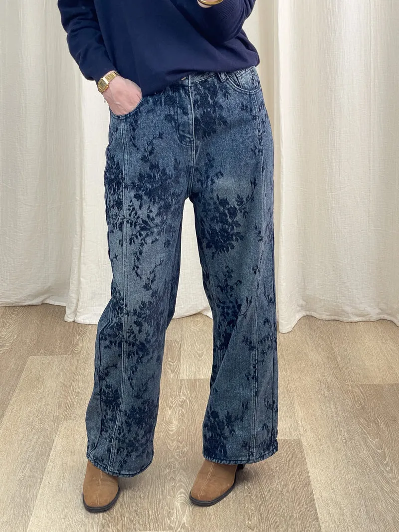Pantalon Jazlyn - Jean large motif floral bleu