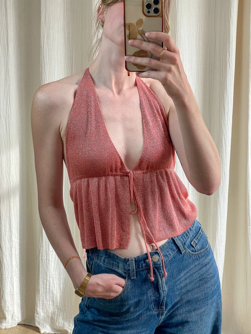 Top Shiny - Top halter à paillettes dos nu à nouer