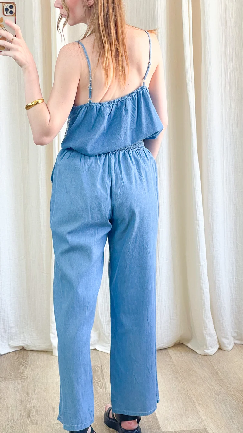 Top Aria - Caraco denim bleu broderie anglaise fleurs