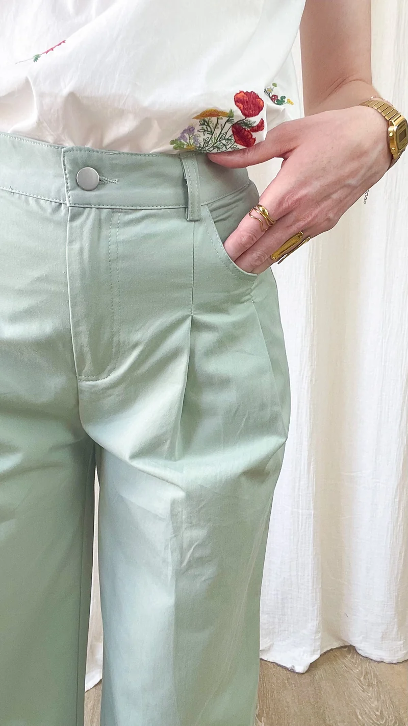 Pantalon Maïté - Pantalon large taille haute vert d'eau