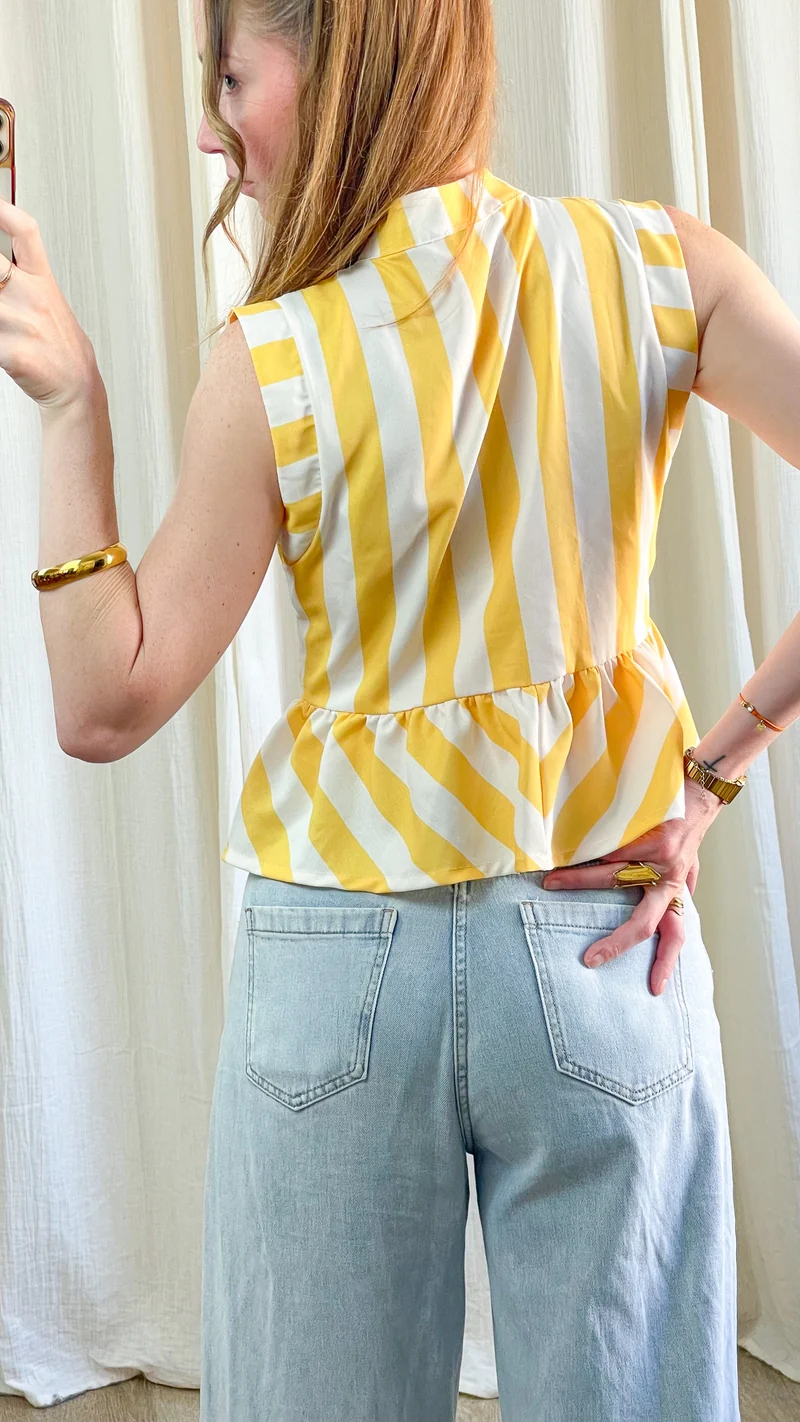 Top Mandarin - Haut rayé jaune à brandebourgs turquoise