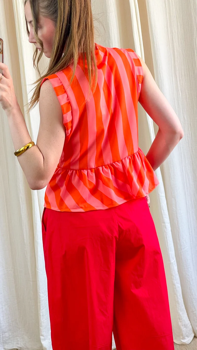 Top Mandarin - Haut rayé jaune à brandebourgs turquoise