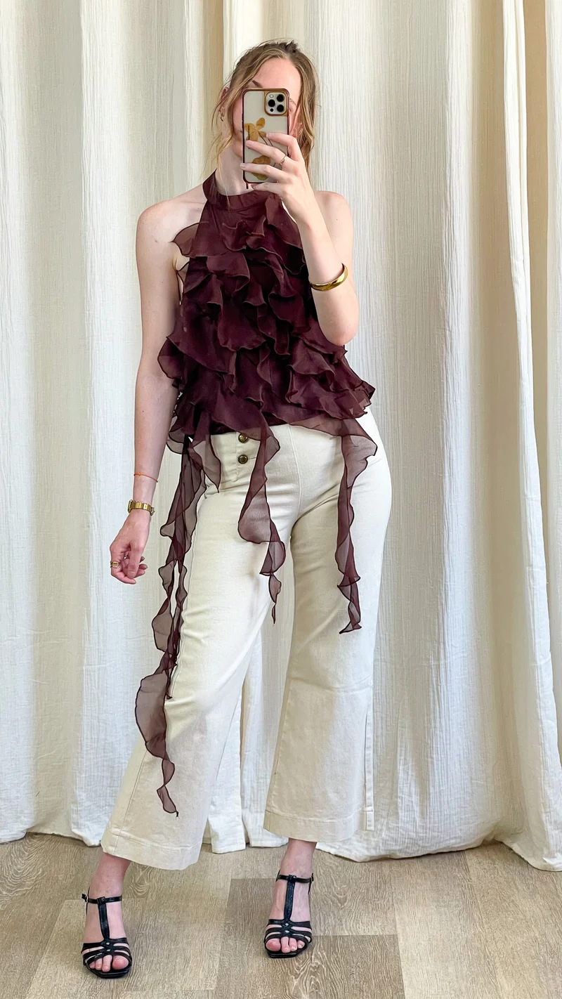 Top Léa - Haut halter blanc à volants cascade dos nu