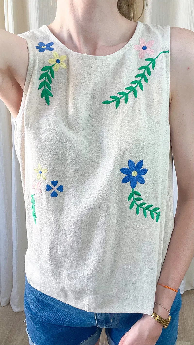 Top Océane - Haut écru sans manches broderie florale