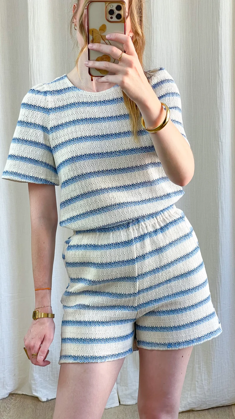 T-shirt Lana - Top maille rayé bleu et écru manches courtes