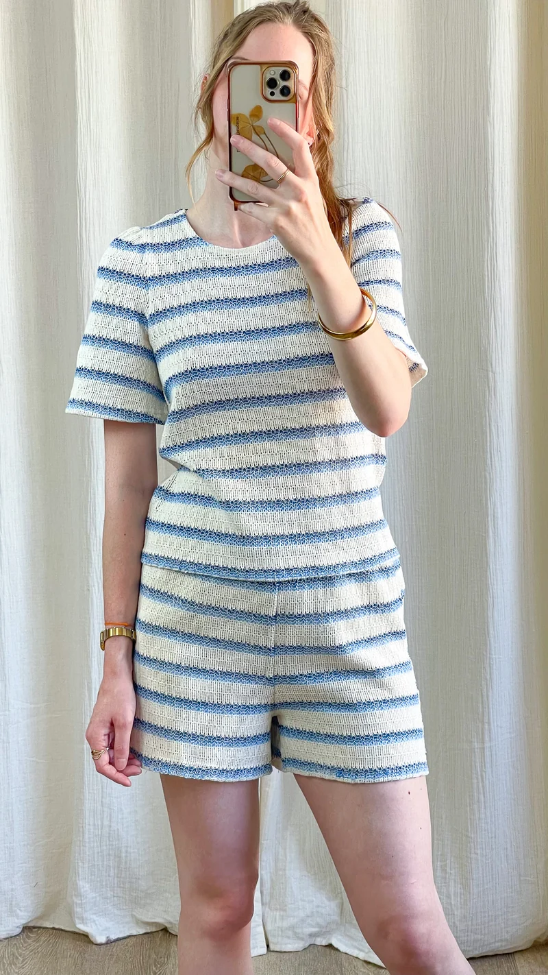 T-shirt Lana - Top maille rayé bleu et écru manches courtes