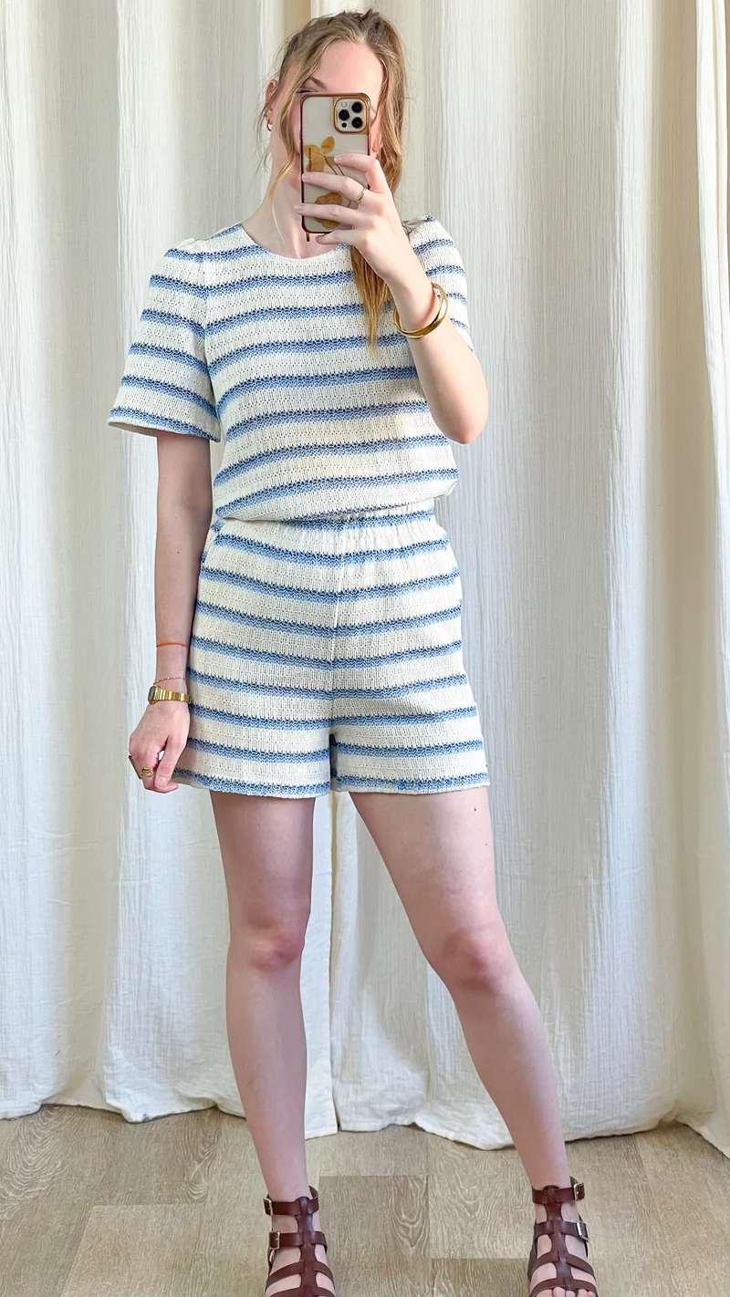 T-shirt Lana - Top maille rayé bleu et écru manches courtes