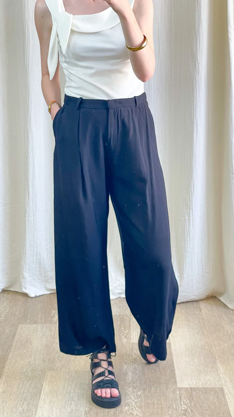 Pantalon Sofia - Pantalon large fluide noir taille élastique