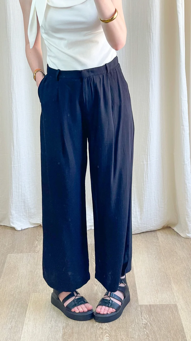 Pantalon Sofia - Pantalon large fluide noir taille élastique