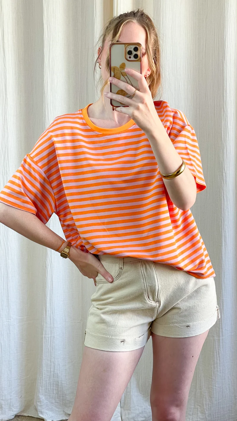 T-shirt Théa - Top oversize rayé orange et rose