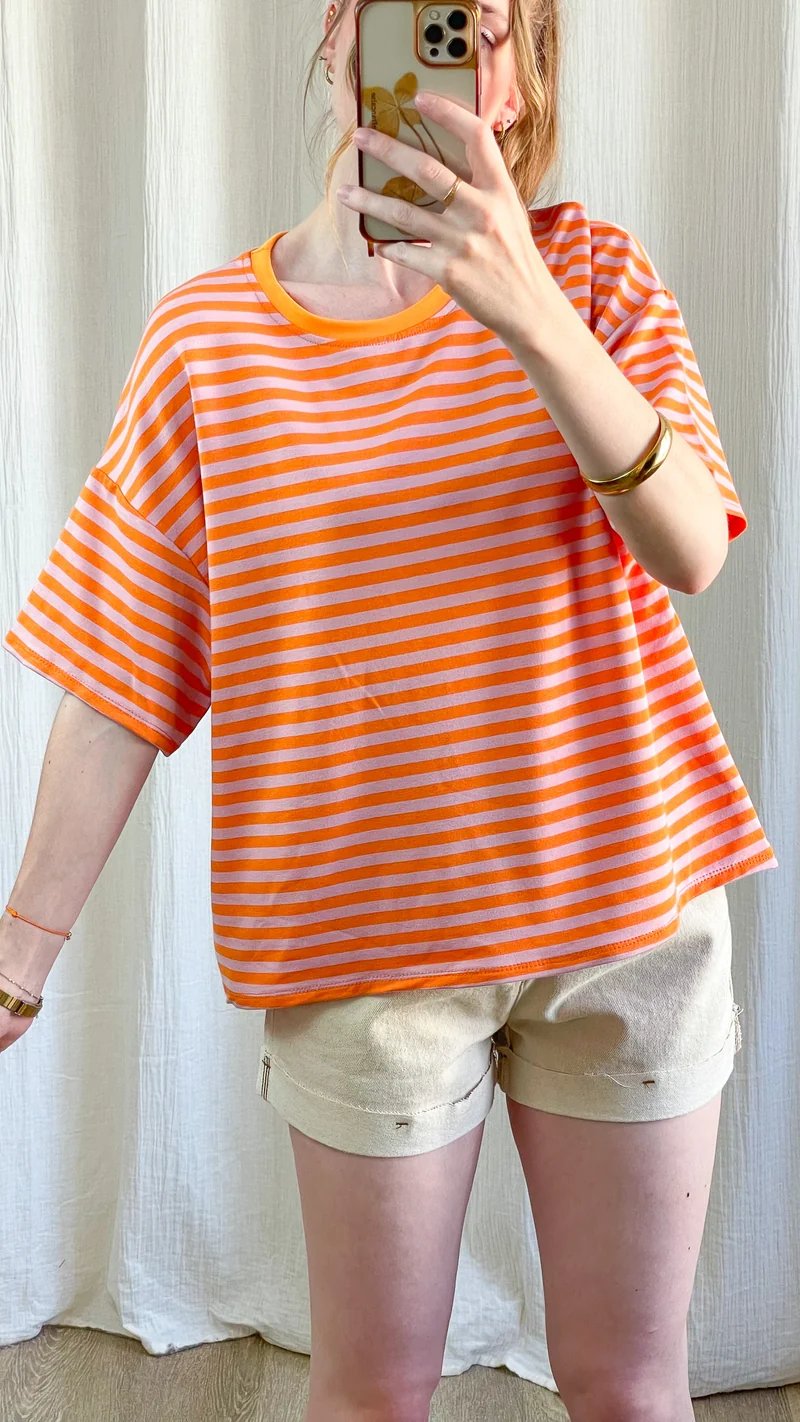T-shirt Théa - Top oversize rayé orange et rose