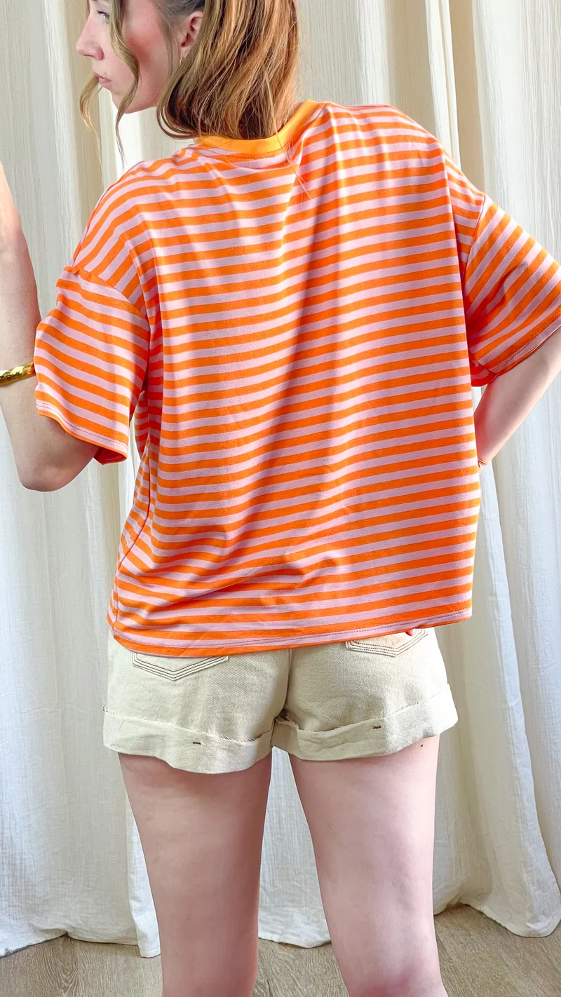 T-shirt Théa - Top oversize rayé orange et rose