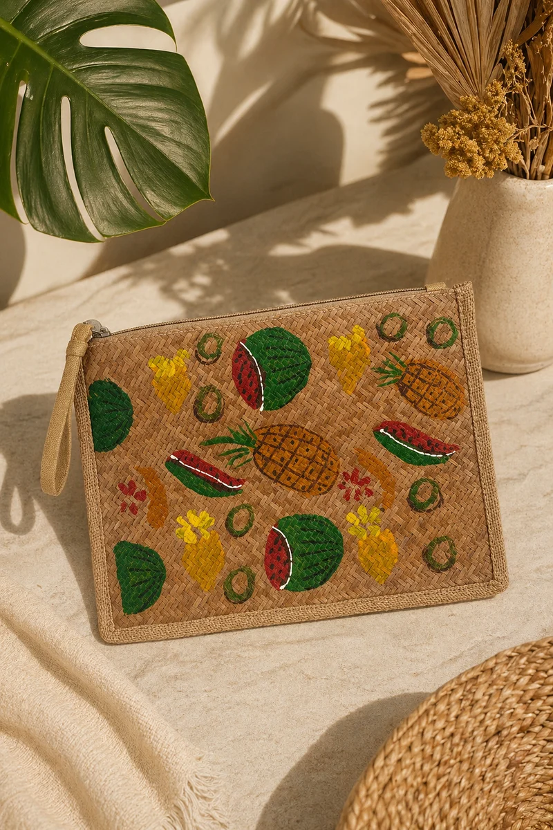 Pochette Tropicale – Pochette en osier tressé broderies fruits exotiques bandoulière amovible