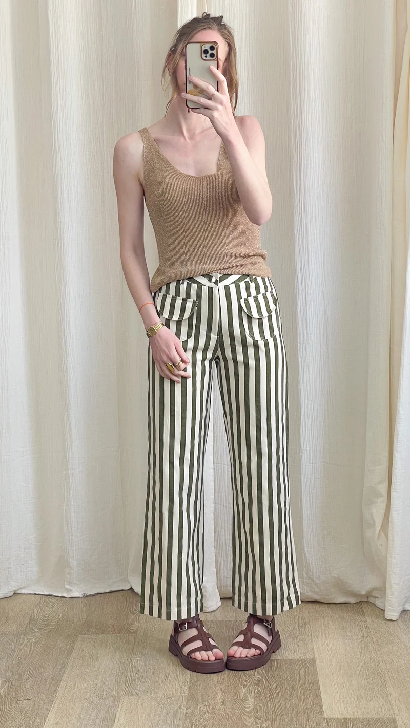 Pantalon Adèle – Pantalon rayé vert et écru coupe droite
