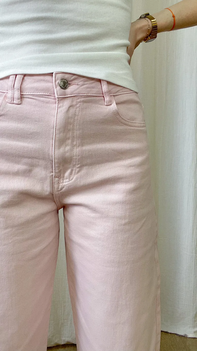 Jean Léni – Jean coupe ballon rose femme taille haute