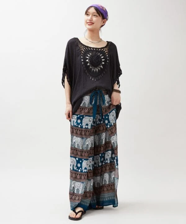 Pantalon en rayonne à motif éléphant thaïlandais