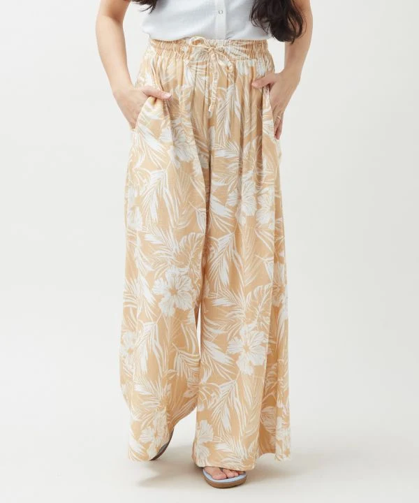 Pantalon évasé en rayonne et lin à motifs botaniques