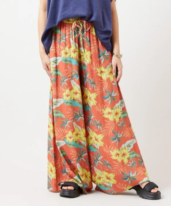 Pantalon évasé en rayonne et lin à motifs botaniques