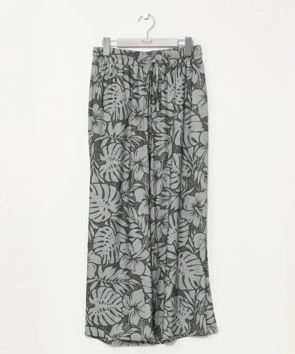 Pantalon évasé en rayonne et lin à motifs botaniques